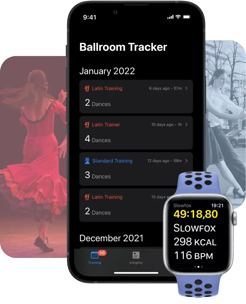 Screenshot of the Ballroom Tracker iOS App and the Watch App.